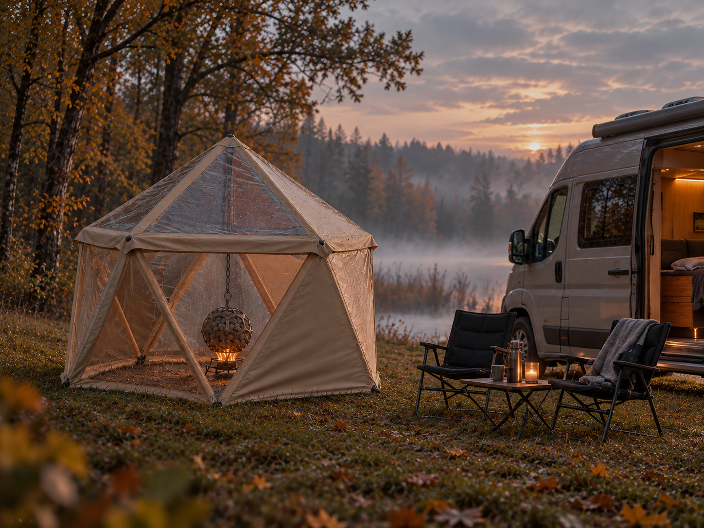 Icosauna packed for travel and set up beside a campervan