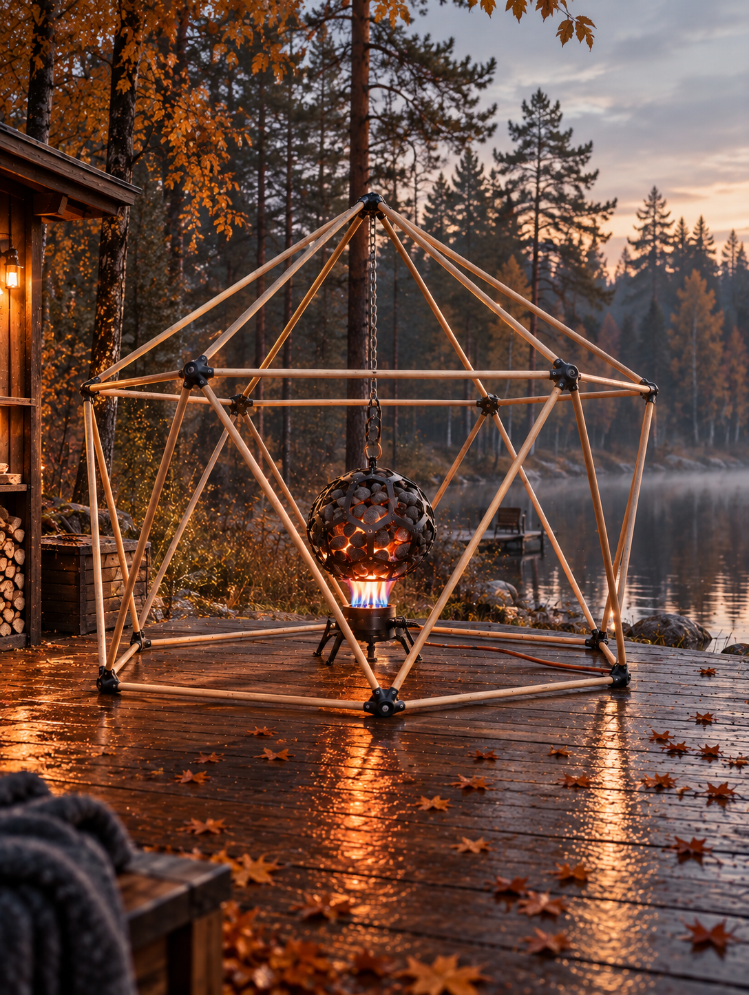 Icosauna icosahedron frame showing its triangulated wooden structure and ASA hubs