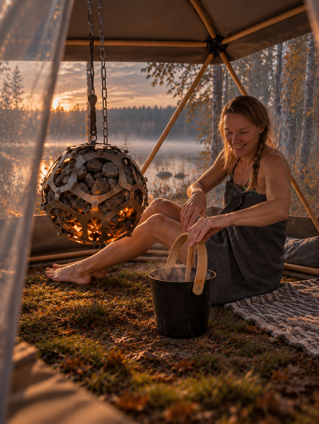 Suspended dodecahedron sauna stone heater inside Icosauna