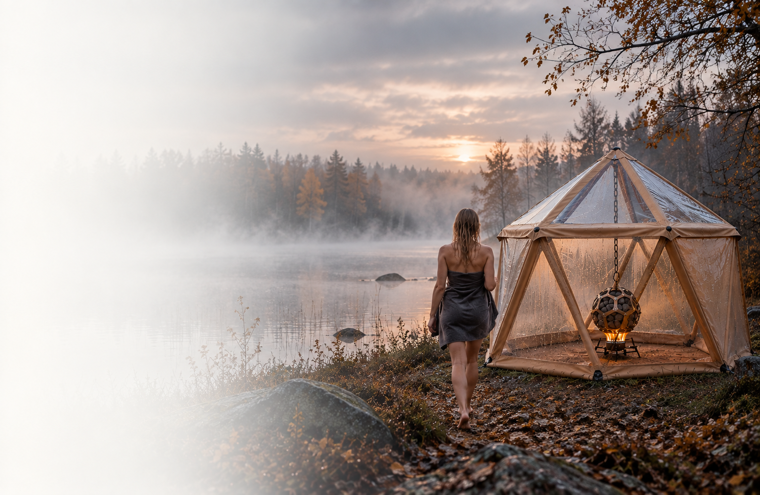Portable Icosauna geometric outdoor sauna beside a campervan in an autumn landscape